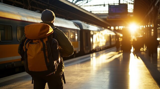 Sunrise at the Station: A lone traveler, laden with a backpack, gazes at a train waiting at a sun-drenched station platform, bathed in the warm light of dawn, embarking on a journey.