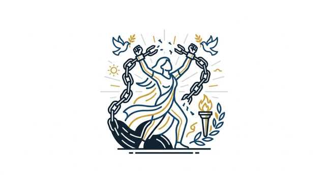 Woman breaking chains symbolizing freedom and liberty with doves and torch.