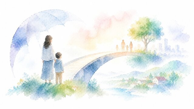 傘を差す母親と子供が未来へと続く橋の上の家族を見上げる希望と保護を象徴する水彩イラスト