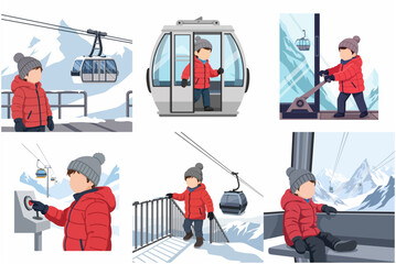 Little Boy Adventures at Mountain Ski Resort with Gondola and Cable Car Illustration Set © Camelia