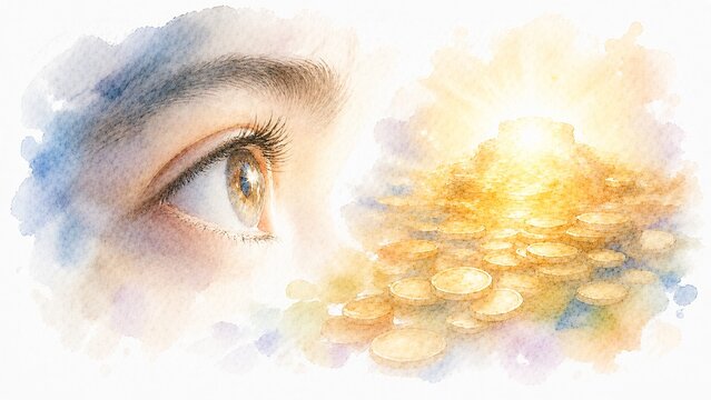 輝く金貨の山を見つめる目の水彩イラスト、富と投資の未来を象徴