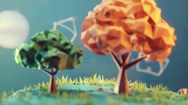 Abstract concept of growth and development with floating geometric shapes and trees