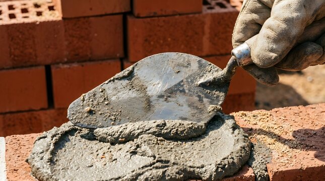 Masonry construction worker applying wet cement with metal trowel, bricklayer building red brick wall, industrial masonry work on building site