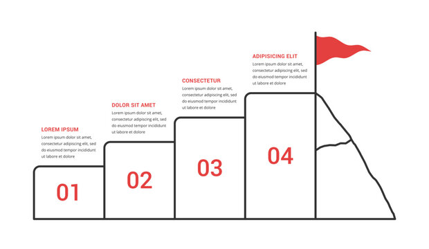 Step sequence infographic template featuring four blocks arranged like stairs leading upward to a mountain peak with a flag symbolizing achievement and progress toward a final goal