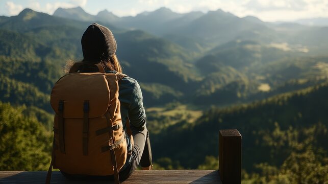 Summit Serenity: A lone hiker with a backpack sits at the edge of a viewpoint, gazing at a breathtaking panoramic vista of rolling, forested mountains under a clear sky.