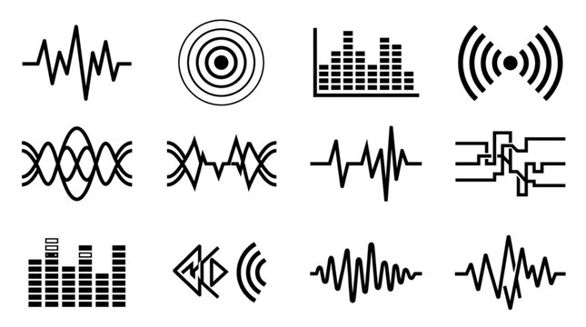 Collection of various sound wave and audio signal graphics.