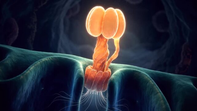 Dramatic low angle of an ATP synthase motor on a curved mitochondrial membrane