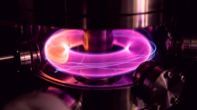 Macro of a glowing toroidal fusion plasma ring inside a tokamak