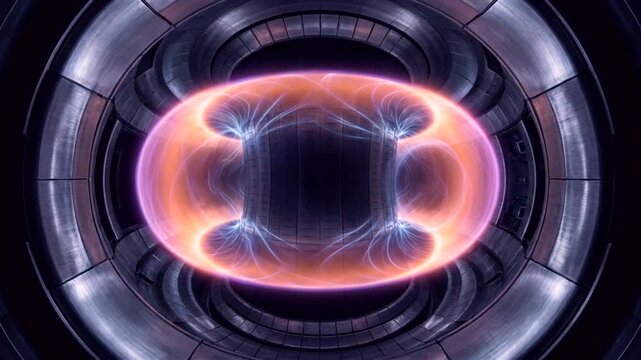 Symmetrical view of a circular fusion plasma torus in a tokamak chamber