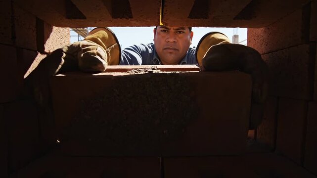 construction worker laying bricks close-up, mason placing heavy block into wall structure while building residential project, manual labor and masonry process on construction site