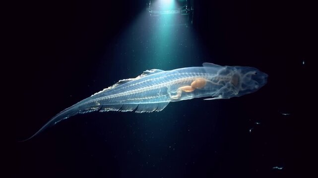 An alien hadal trench megafauna creature floating in total darkness
