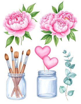 A watercolor illustration of two pink peonies, a jar of paintbrushes, two hearts, and eucalyptus on a white background