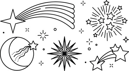 Celestial night sky and shooting star vector line art icon set featuring crescent moon and fireworks burst © Sabbir Studio