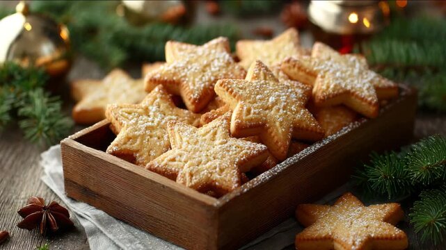 Butter cookies shaped like snowflakes on ceramic plate with sugar coating Shortbread Cookies for Christmas holiday treat