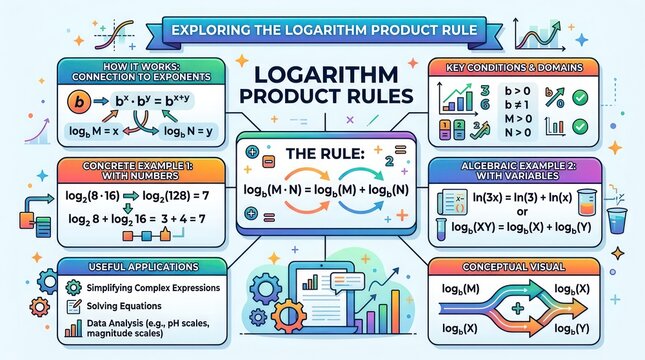Educational guide on logarithm product rules with diagrams for modern learning environments.