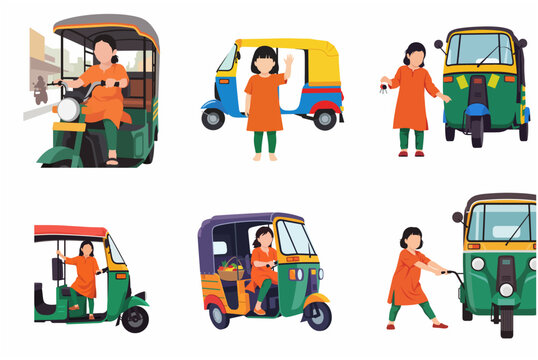 Flat vector illustration set of a young girl with an Indian auto-rickshaw in various activities like driving, waving, and holding keys, isolated on a white background.