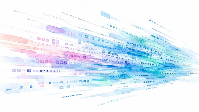 情報やデータの流れを表現した抽象的な水彩画風デジタルイラスト