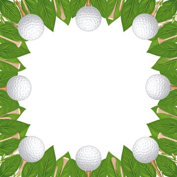 A white background surrounded by a border of green leaves, tan golf clubs, and white golf balls
