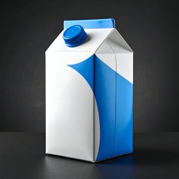 A white carton with blue accents and a blue cap on a dark background