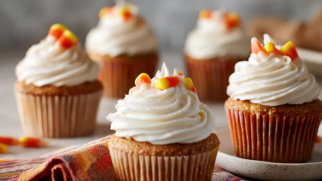 Candy corn cupcakes with vanilla frosting on rustic wooden board in kitchen setting Spiced cupcakes with swirled frosting and candy corn topping concept of festive seasonal baking