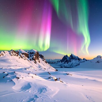 Vibrant aurora borealis dancing over snowy mountain landscape (2)