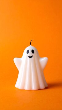 A white ghost-shaped candle with a wick on an orange background