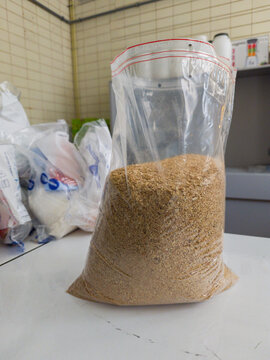 Brussels, Belgium. Homogenized cereal composite sample in resealable plastic bag for DNA testing and laboratory quality control