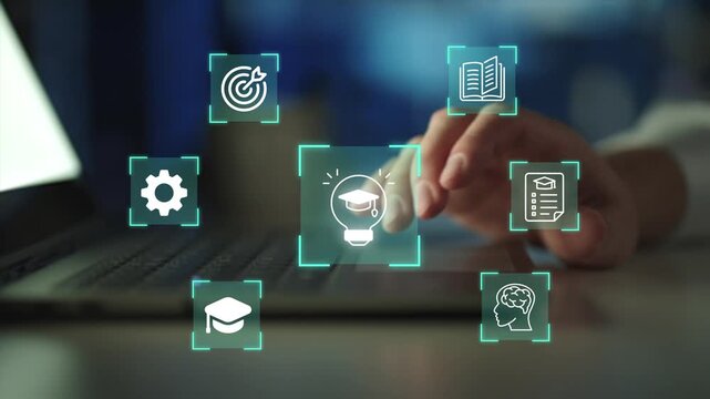 Online education and digital learning concept. Education icons such as diploma, brain, and target, ideal for e-learning platforms, digital skill development.