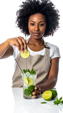 A woman with curly hair prepares a refreshing drink