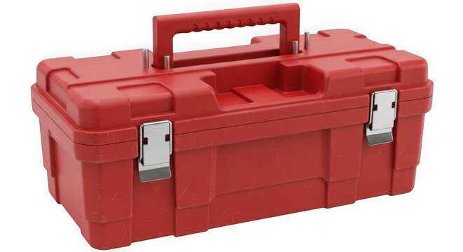 Empty Red Plastic Toolbox with Transparent Lid and Metal Latches Isolated on White