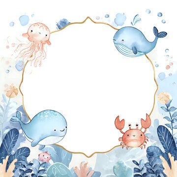 Cute Watercolor Ocean Creatures Frame with Whales, Jellyfish, and Crab for Baby Shower or Birthday Invitations