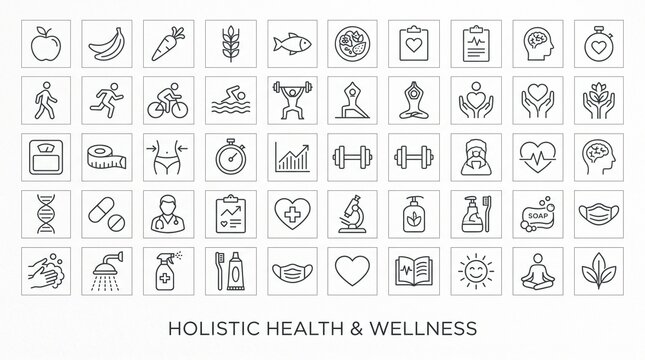 A holistic grid of wellness icons, symbolizing balance, vitality, and care, celebrating nutrition, fitness, hygiene, and mental health as pillars of sustainable well‑being.