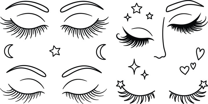 Beautiful closed eyes with long eyelashes vector line art icon set featuring makeup extensions stars and hearts