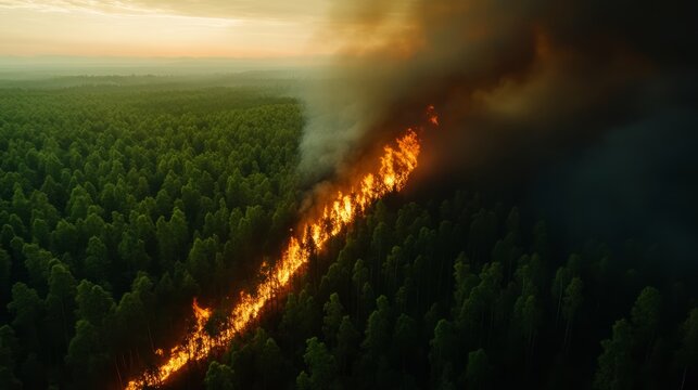 Forest Fire: A catastrophic forest fire rages through a dense evergreen forest, creating a wall of flames and smoke that casts an ominous shadow over the landscape.