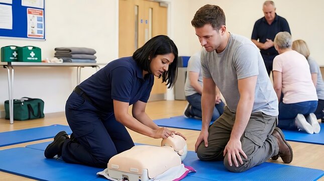 Cpr training class demonstrating chest compressions on a dummy
