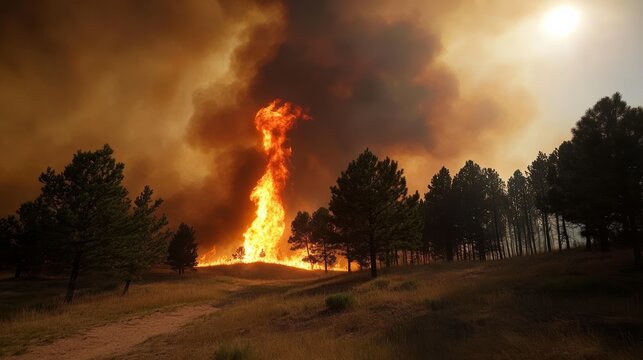 Wildfire Inferno: A massive wildfire rages through a forested area, with flames creating a dramatic vortex against a backdrop of thick, orange smoke and a hazy sun.