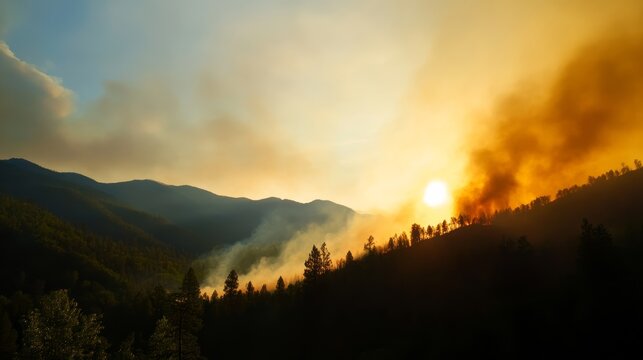 Forest Fire at Sunset: A dramatic scene unfolds as a wildfire rages on a forested mountainside under a golden sunset, casting an ominous glow and filling the sky with smoke.