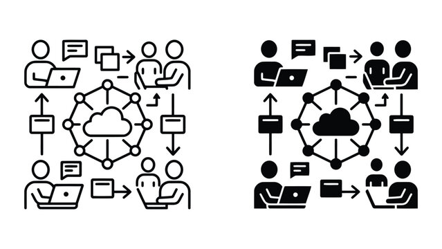 Cloud networking team collaboration line and silhouette icons with computing