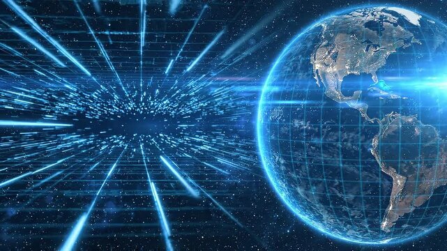 Earth rotating and accelerating through a digital vortex in space