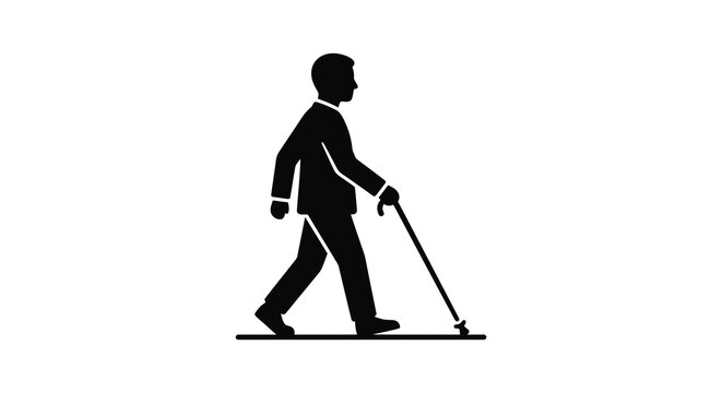 Walking man with cane silhouette against a white background