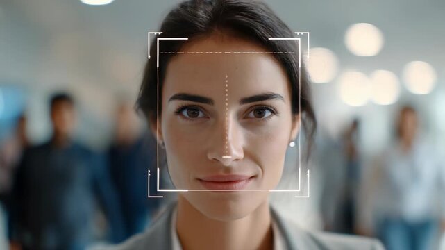 Closeup of a young woman with facial recognition markers, symbolizing digital identity and security. The background features a contemporary workspace with blurred colleagues