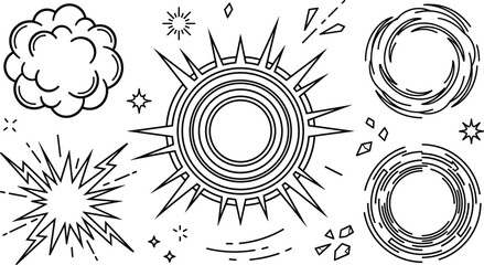 Comic explosion and abstract energy burst vector line art icon set featuring shockwaves vortex smoke and sunburst © Sabbir Studio