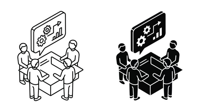 Isometric team brainstorming and project workflow discussion icon with isometric