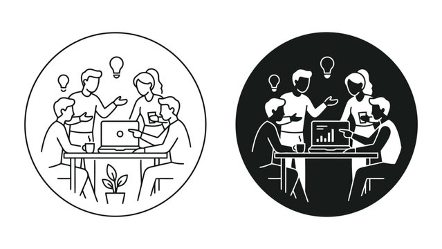 Business idea development and brainstorming meeting icon set with brainstorming