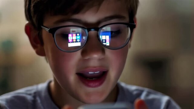 Teenager using phone close-up with screen reflected in glasses, low light indoor scene showing digital addiction, social media usage, focus, distraction and modern youth technology behavior