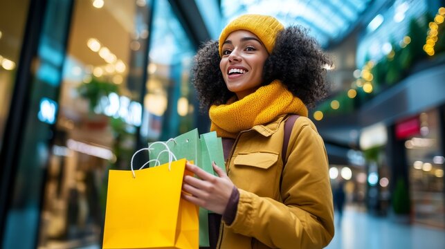 Shopping Spree Joy: A happy woman with curly hair, wearing a yellow hat and scarf, enjoys a winter shopping trip, clutching colorful shopping bags with a bright smile.