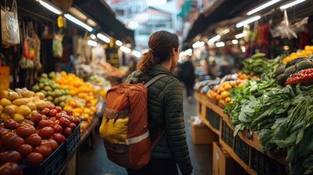 A Shopper's Paradise: A person with a backpack navigates a vibrant outdoor market brimming with fresh produce, exploring a diverse array of fruits and vegetables.