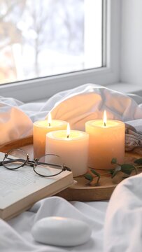 Serene winter scene with candles, book, and glasses on a windowsill
