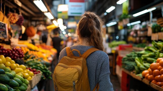 Market Scene: A young woman with a backpack walks through a bustling market, surrounded by vibrant displays of fresh produce like lemons, berries, tomatoes, and leafy greens.