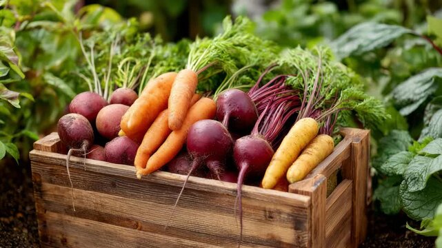 Freshly harvested carrots and beets in rustic wooden crate on garden soil background Wooden crate filled with freshly harvested carrots beets and squash concept of organic farming